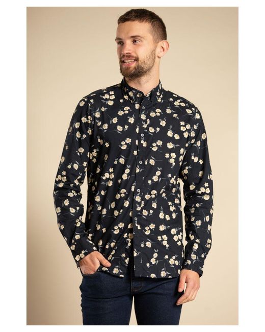 French Connection Blue Cotton Long Sleeve Floral Shirt for men