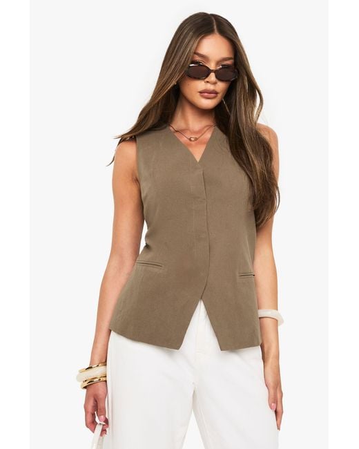 Boohoo Brown Linen Longline V Neck Tailored Waistcoat