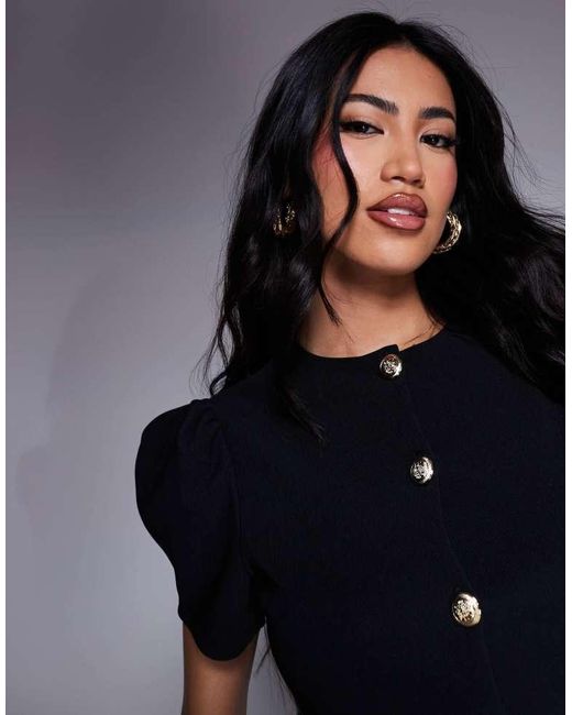ASOS Blue Ribbed Puff Sleeve Structured Button Through Top
