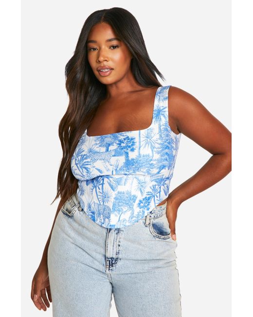 Boohoo Blue Plus Bengaline Porcelain Print Corset Top