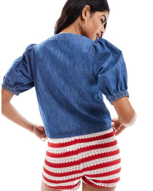 Miss Selfridge Blue Puff Sleeve Denim Top