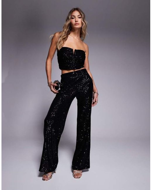 ASOS Black Co-Ord Ruched Sequin Bandeau With Trim Detail