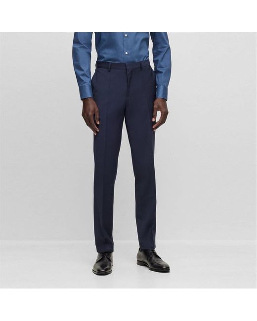 Boss Blue Solid Patterned Flat Front Straight Leg Trousers for men