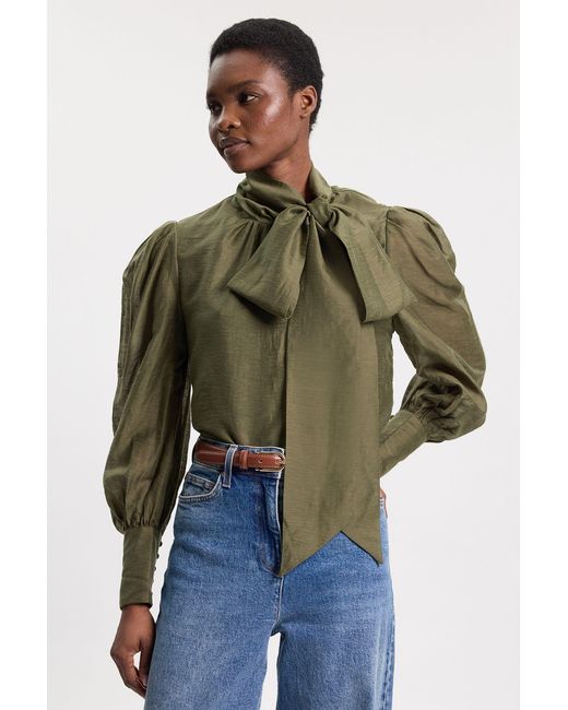 Karen Millen Green Organdie Woven Pussybow Blouse