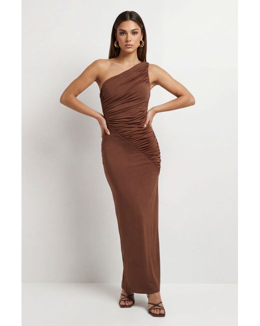 MissPap Brown Ruched Slinky One Shoulder Maxi Dress
