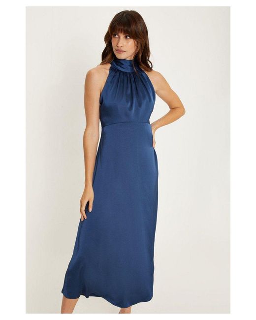 Oasis Blue Satin Halter Neck Midi Bridesmaids Dress