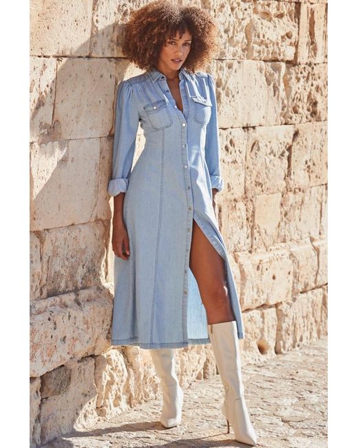 Sosandar Blue Petite Light Wash Blouson Sleeve Denim Midi Dress