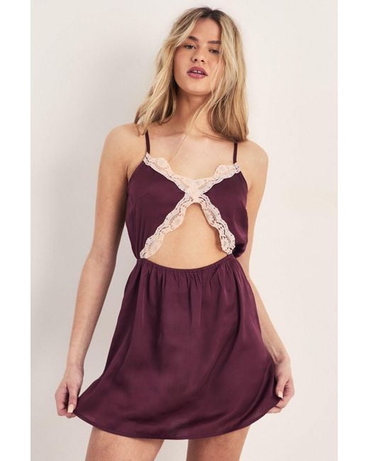 Nasty Gal Purple Satin Cut Out Lace Detail Night Dress