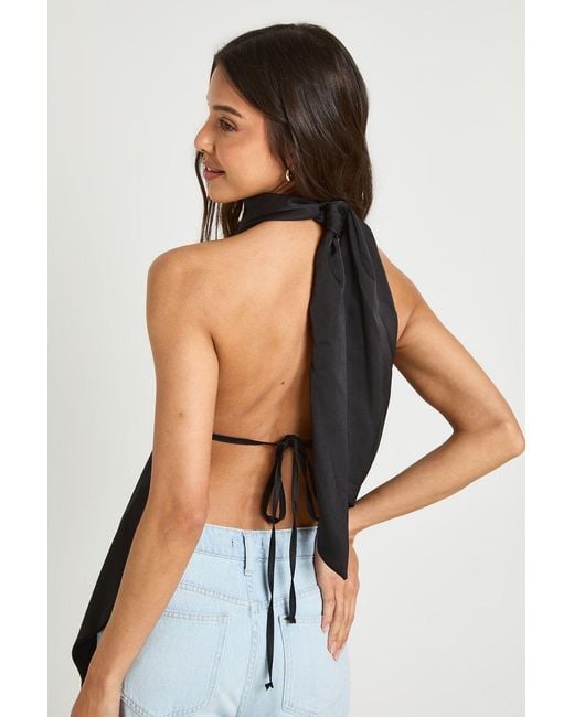 Boohoo Black Satin Funnel Neck Tie Back Top
