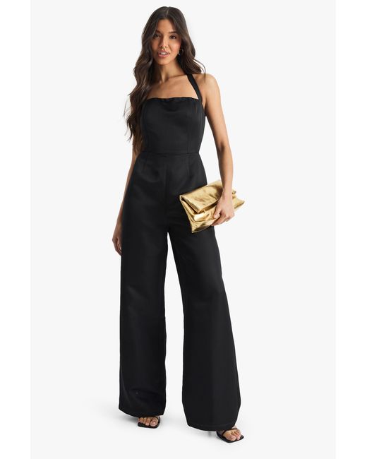 Boohoo Blue Premium Satin Halterneck Wide Leg Jumpsuit