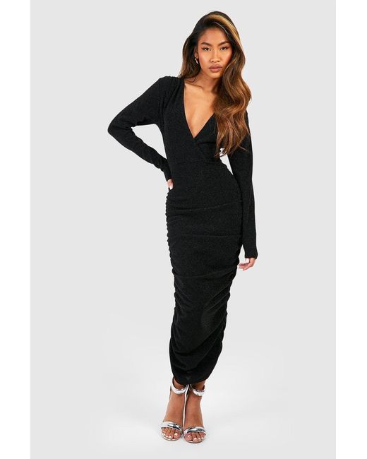 Boohoo Black Glitter Rouched Wrap Midaxi Dress