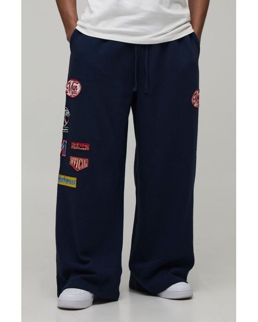 BoohooMAN Blue Extreme Wide Leg Drop Crotch Moto Badge Jogger for men
