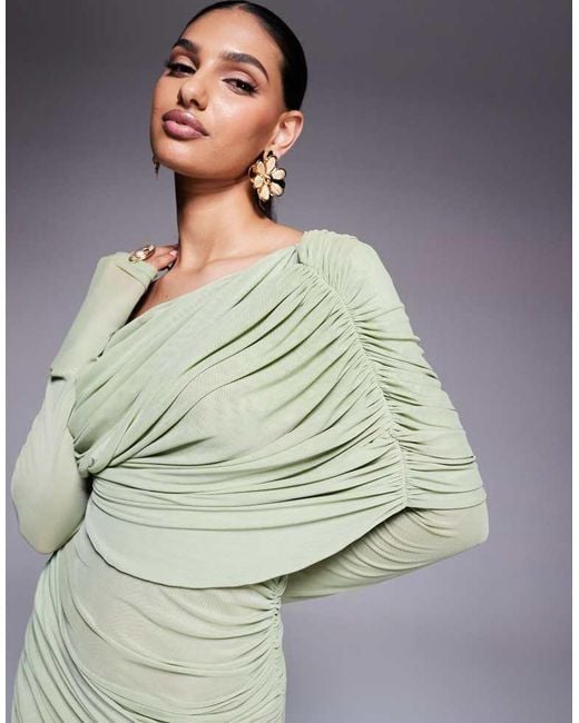 ASOS Green Long Sleeve Slouchy Bardot Mesh Mix Maxi Dress