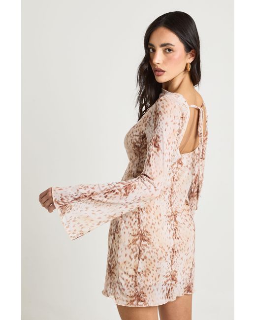Boohoo Brown Deer Print Mesh Flare Sleeve Mini Dress