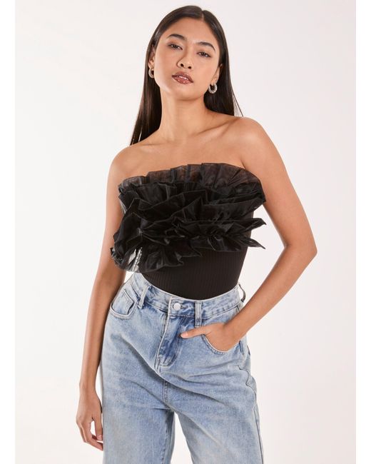 Pink Vanilla Black Corsage Front Ruffle Bodysuit