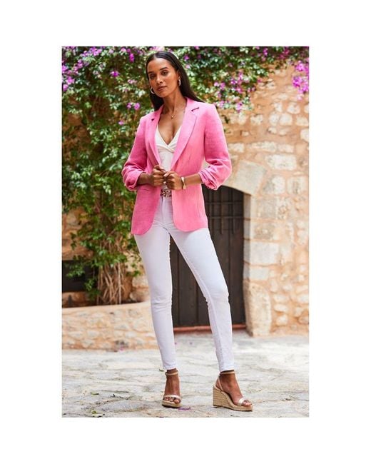 Sosandar Pink Ruched Sleeve Linen Blazer