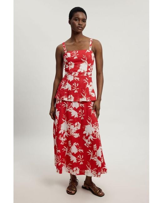 Karen Millen Red Double Cloth Printed Bandeau Peplum Midi Dress
