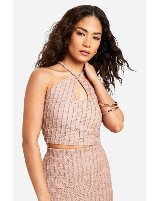 Boohoo Natural Petite Textured Halter Keyhole Crop Top