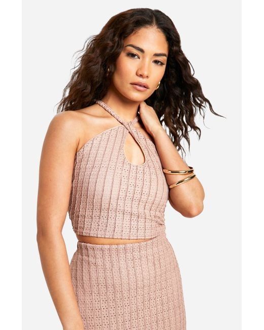 Boohoo Natural Petite Textured Halter Keyhole Crop Top