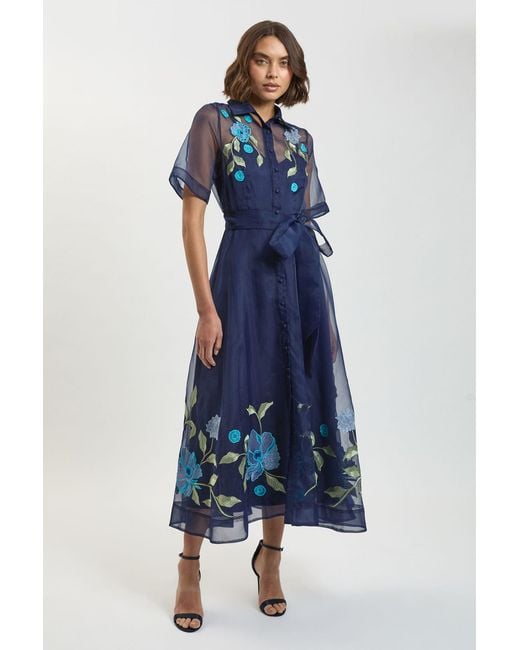 Karen Millen Blue Embroidered Detail Organdie Belted Shirt Dress