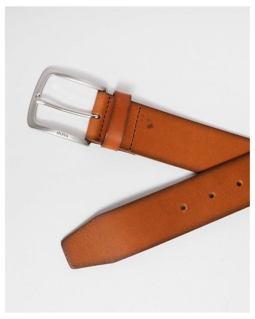 Boss Brown Jor-V Italian-Leather Belt With Logo-Engraved Buckle for men