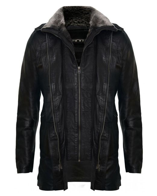 Infinity Leather Black Removable Collar Mid Length Warm Jacket for men