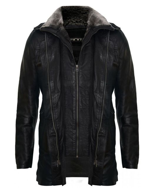 Infinity Leather Black Removable Collar Mid Length Warm Jacket for men