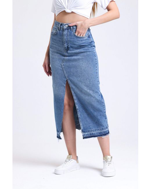 Hiccup Blue Denim High Waist Midi Skirt With A Front Slit