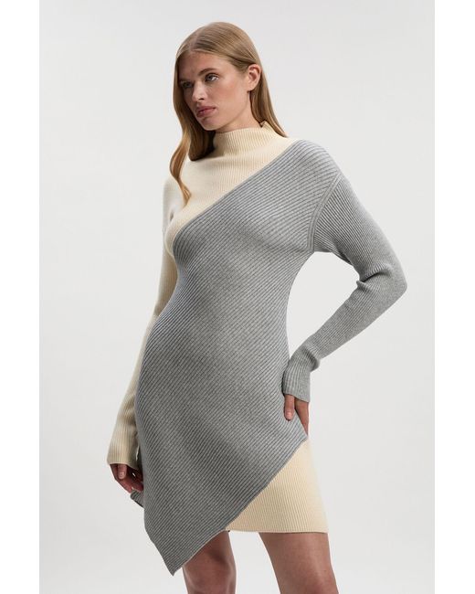 Karen Millen Gray Soft Ribbed Asymmetric Hem Knitted Dress