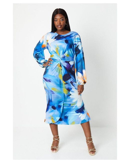 Coast Blue Plus Jersey Twist Front Long Blouson Sleeve Midi Dress