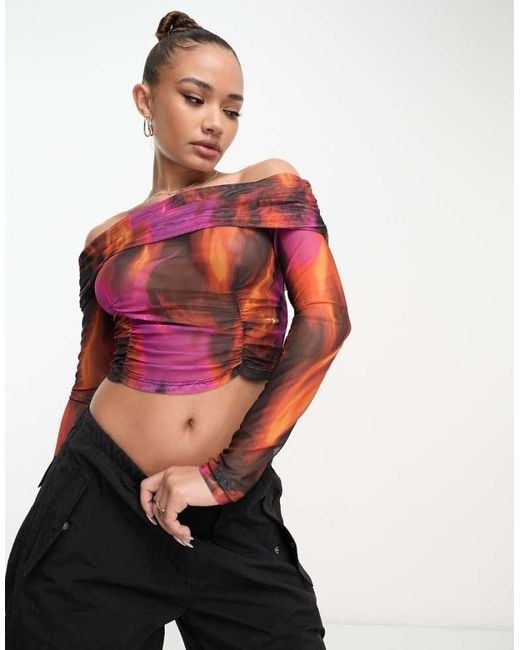 ASOS Red Off Shoulder Bardot Mesh Top