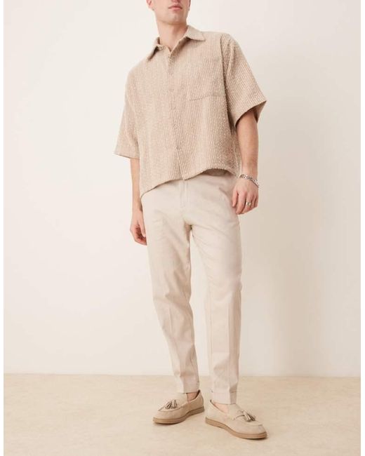 ASOS Natural Smart Tapered Fit Linen Blend Trousers for men