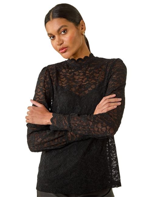 Roman Black Lace Frill High Neck Stretch Top