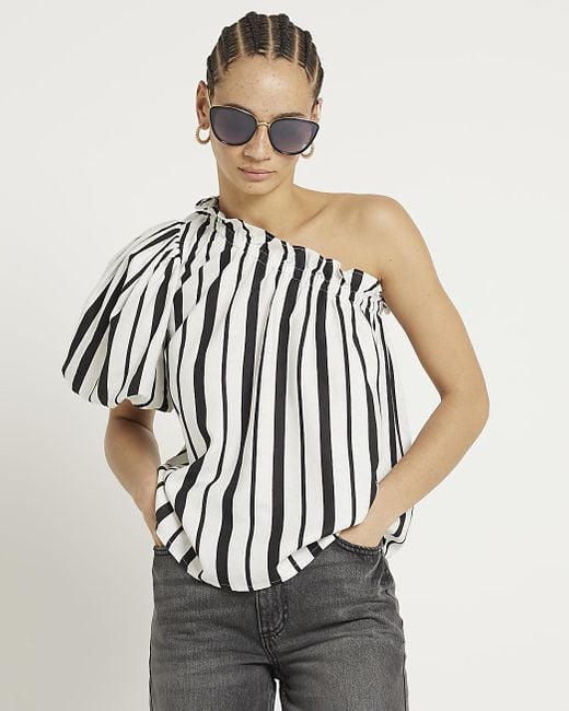 River Island Black Top Linen Blend Stripe One Shoulder Viscose