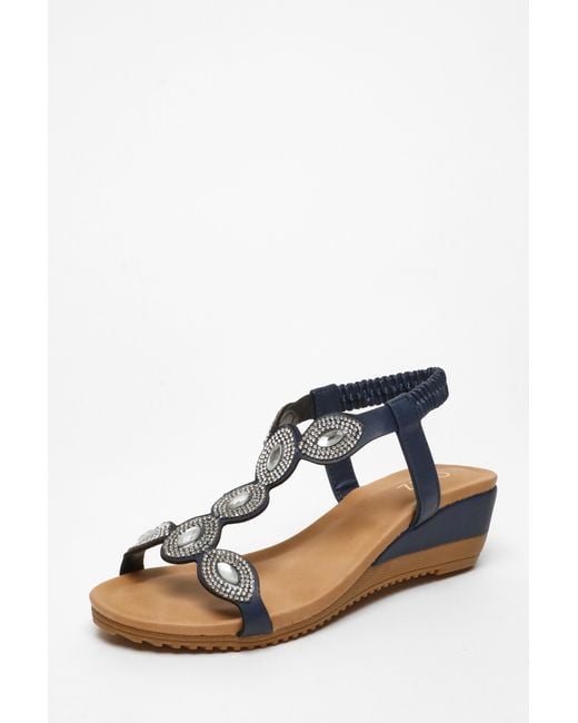 Quiz Blue Embellished T-Strap Low Wedges