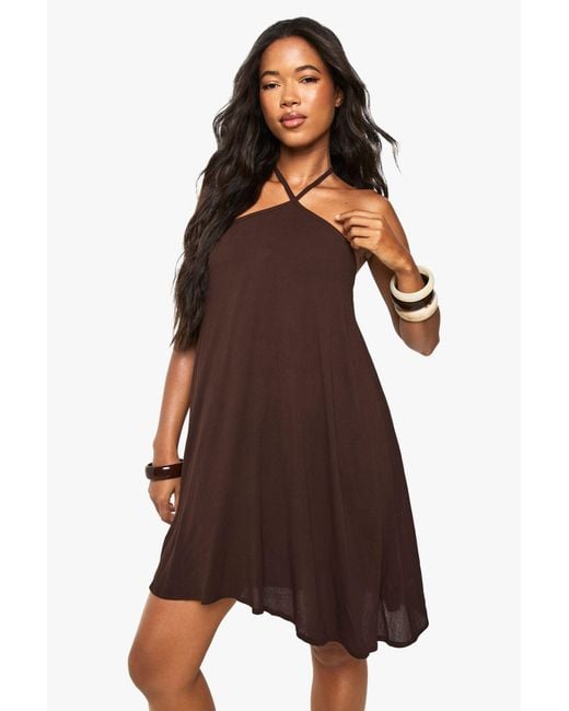 Boohoo Brown Cheesecloth Halter Mini Beach Dress