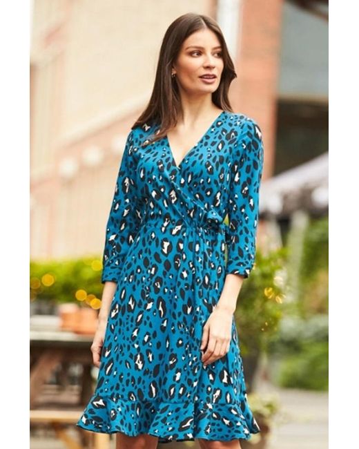 Sosandar Blue Leopard Print Ruffle Hem Wrap Dress