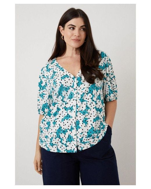 Wallis Blue Curve Green Floral Spot Jersey Shirt Viscose