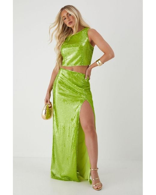 MissPap Green Sequin Split Leg Maxi Skirt