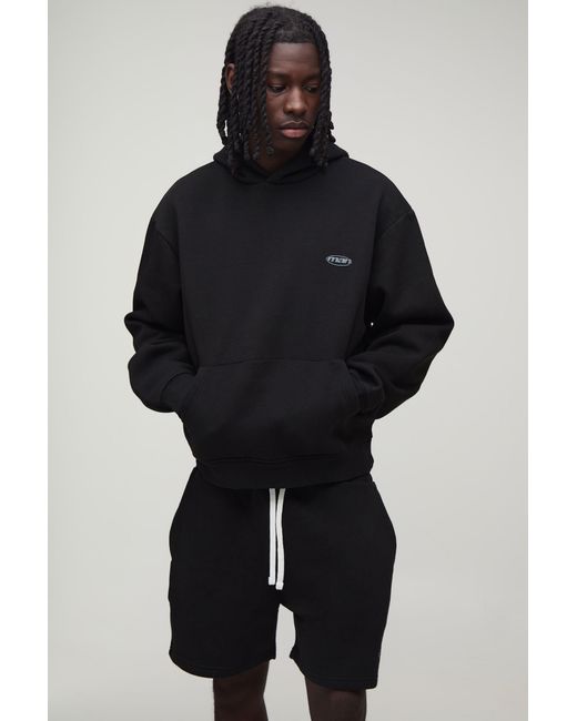 BoohooMAN Black Oversized Boxy Sport Hooded Short Tracksuit for men