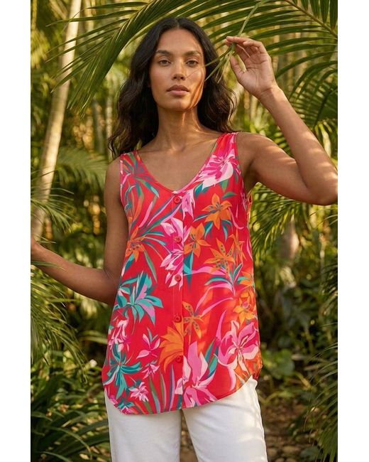 Roman Red Tropical Print V-Neck Button Cami Top