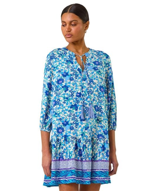 Roman Blue Floral Print Border Smock Dress
