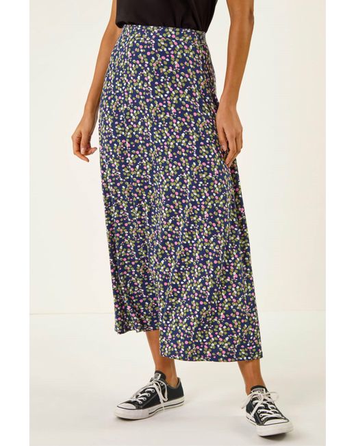 Roman Multicolor Leaf Print Stretch Midi Skirt