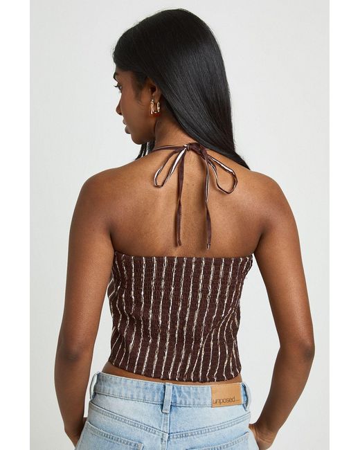 Boohoo Brown Stripe Gathered Halterneck Top