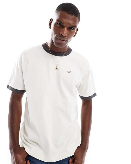 Hollister White Icon Washed Boxy Oversized T-Shirt With Contrast Neck Seam for men