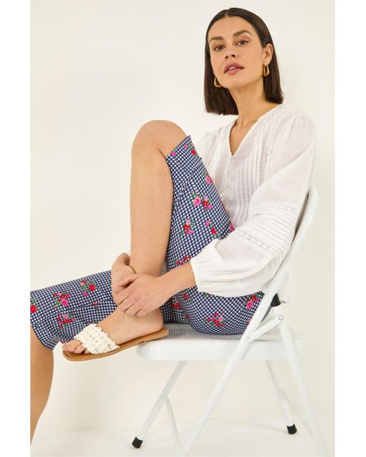Roman Blue Floral Print Cropped Stretch Trouser