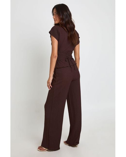 Boohoo Brown Crinkle Tie Back Top Wide Leg Trouser Co Ord