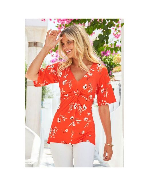 Sosandar Red Print Angel Sleeve Twist Front Top