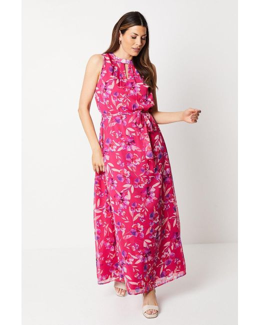 Wallis Pink Floral Print Tie Neck Midi Dress