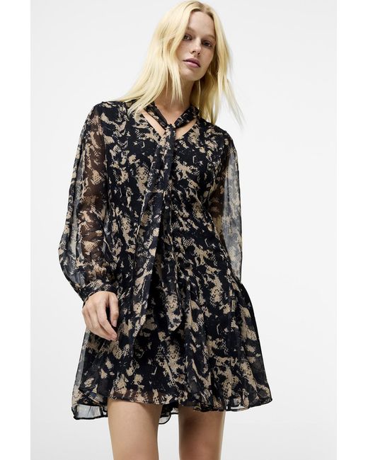 French Connection Black Crinkle Chiffon Tie Neck Long Sleeve Mini Dress